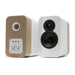 Q Acoustics Concept 300 Gloss White / Oak Bookshelf Speakers (Pair) W/ Tripod Speaker Stands
